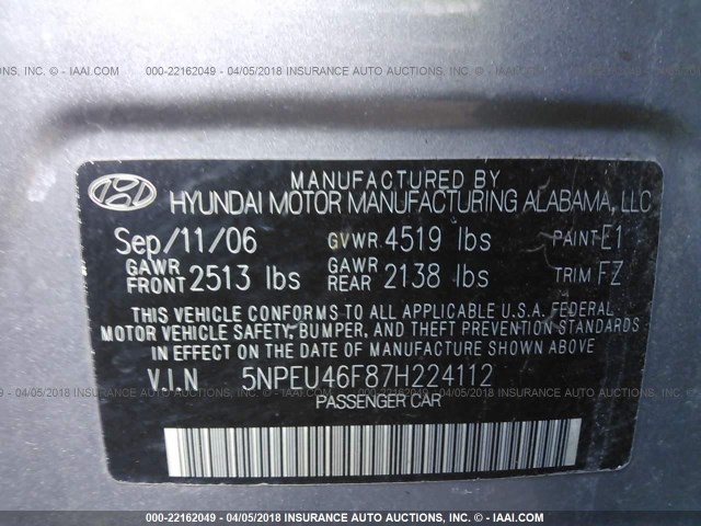 5NPEU46F87H224112 - 2007 HYUNDAI SONATA SE/LIMITED GRAY photo 9