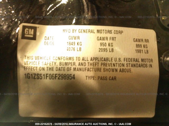 1G1ZS51F06F298954 - 2006 CHEVROLET MALIBU LS BLACK photo 9