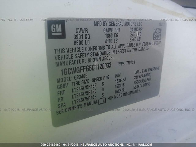 1GCWGFFG5C1120033 - 2012 CHEVROLET EXPRESS G2500  WHITE photo 9