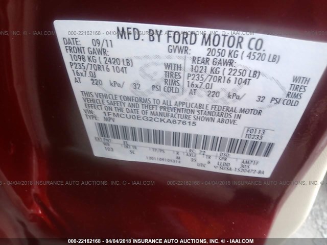 1FMCU0EG2CKA67615 - 2012 FORD ESCAPE LIMITED RED photo 9