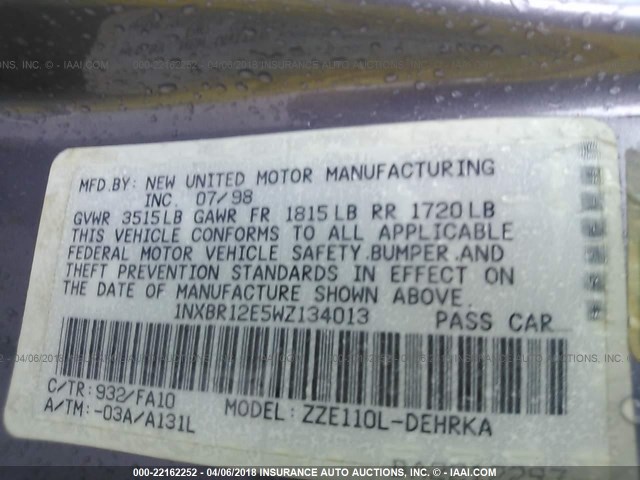 1NXBR12E5WZ134013 - 1998 TOYOTA COROLLA VE/CE/LE 黑色 照片 9