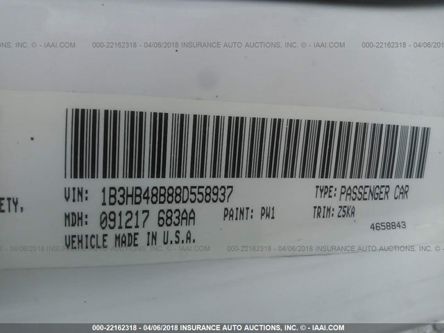 1B3HB48B88D558937 - 2008 DODGE CALIBER SXT WHITE photo 9