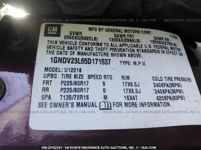 1GNDV23L65D171637 - 2005 CHEVROLET UPLANDER LS MAROON photo 9