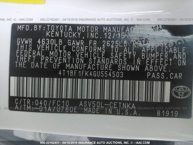 4T1BF1FK4GU554503 - 2016 TOYOTA CAMRY LE/XLE/SE/XSE WHITE photo 9