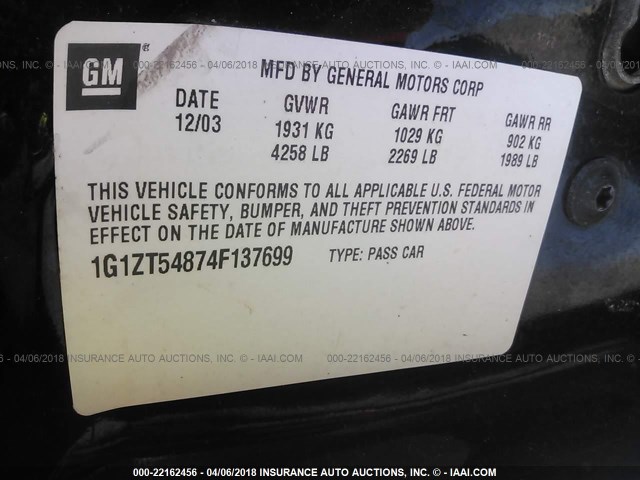 1G1ZT54874F137699 - 2004 CHEVROLET MALIBU LS 黑色 照片 9