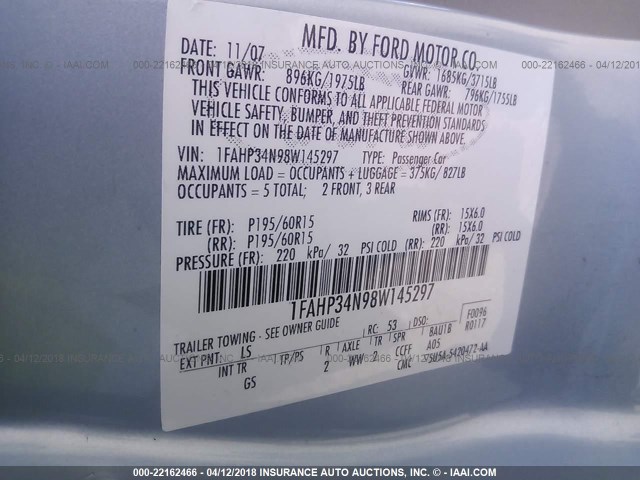 1FAHP34N98W145297 - 2008 FORD FOCUS S/SE BLUE photo 9