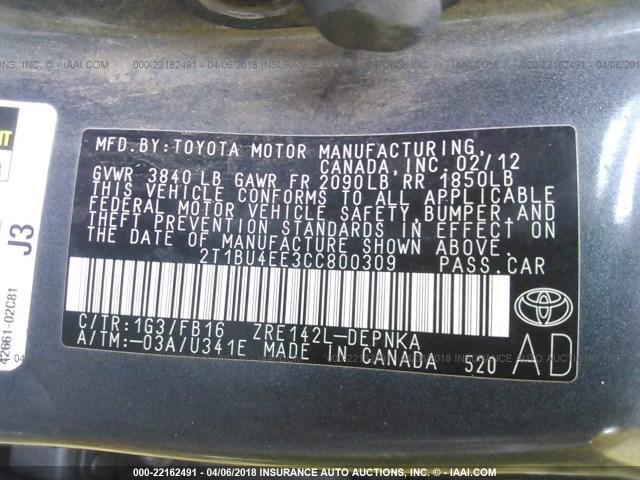 2T1BU4EE3CC800309 - 2012 TOYOTA COROLLA S/LE GRAY photo 9