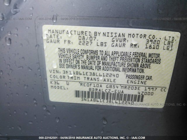 3N1AB61E38L612240 - 2008 NISSAN SENTRA 2.0/2.0S/2.0SL GRAY photo 9