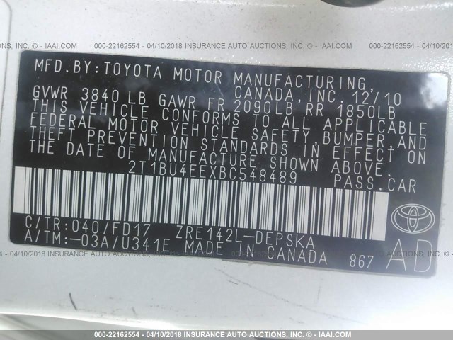 2T1BU4EEXBC548489 - 2011 TOYOTA COROLLA S/LE WHITE photo 9