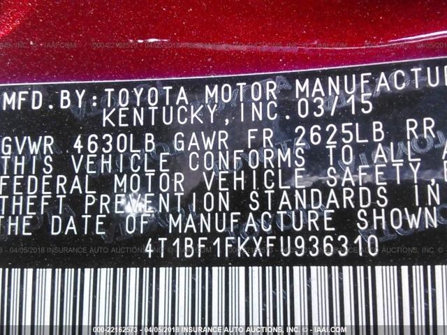 4T1BF1FKXFU936310 - 2015 TOYOTA CAMRY LE/XLE/SE/XSE BURGUNDY photo 9