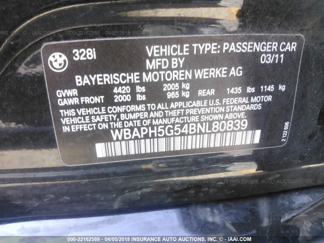 WBAPH5G54BNL80839 - 2011 BMW 328 I SULEV BLACK photo 9