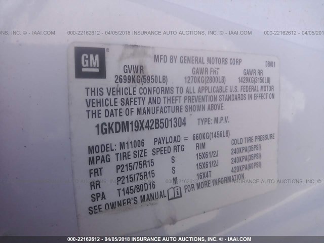 1GKDM19X42B501304 - 2002 GMC SAFARI XT WHITE photo 9