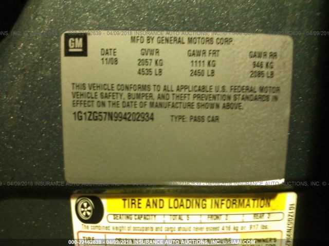 1G1ZG57N994202934 - 2009 CHEVROLET MALIBU LS 蓝色 照片 9