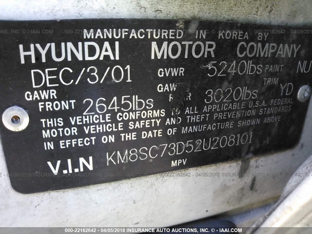 KM8SC73D52U208101 - 2002 HYUNDAI SANTA FE GLS/LX WHITE photo 9