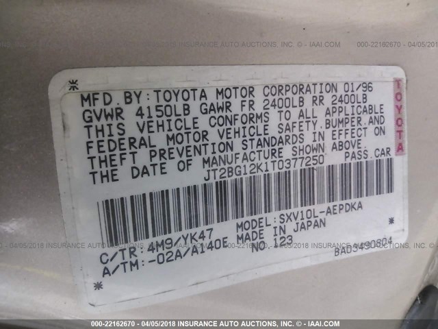 JT2BG12K1T0377250 - 1996 TOYOTA CAMRY DX/LE/XLE GOLD photo 9