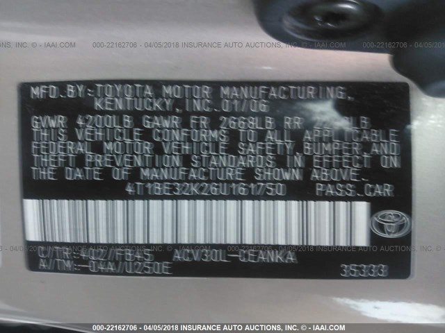 4T1BE32K26U161750 - 2006 TOYOTA CAMRY LE/XLE/SE GOLD photo 9