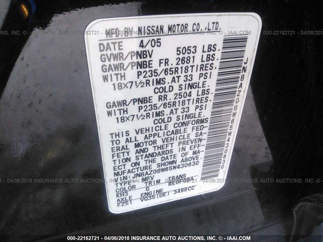 JN8AZ08W65W430630 - 2005 NISSAN MURANO SL/SE/S BLACK photo 9