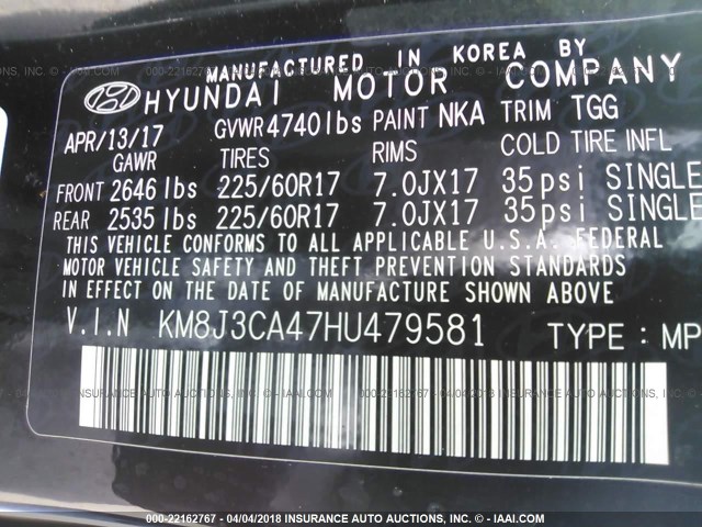 KM8J3CA47HU479581 - 2017 HYUNDAI TUCSON LIMITED/SPORT AND ECO/SE BLACK photo 9