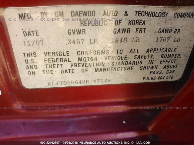 KL1TD56648B147939 - 2008 CHEVROLET AVEO LS RED photo 9