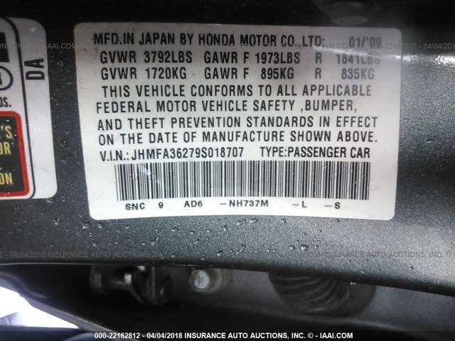 JHMFA36279S018707 - 2009 HONDA CIVIC HYBRID GRAY photo 9