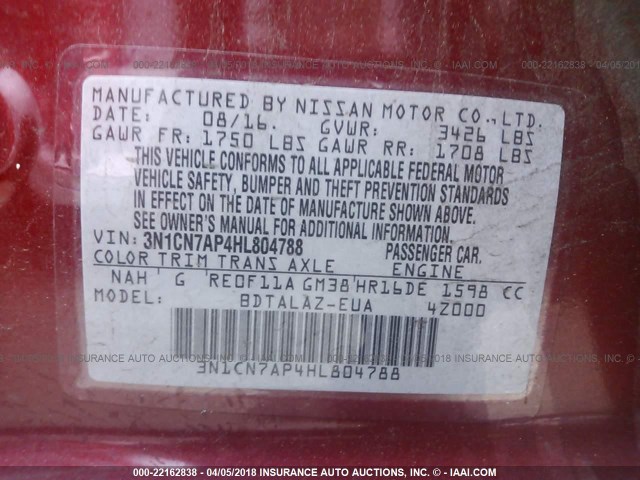 3N1CN7AP4HL804788 - 2017 NISSAN VERSA S/S PLUS/SV/SL RED photo 9