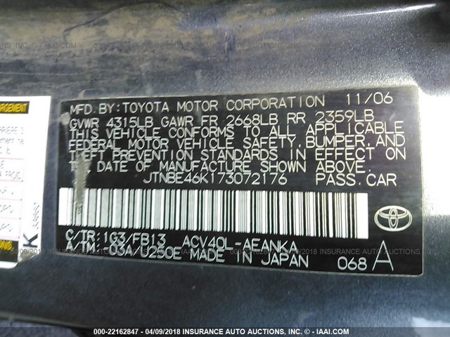 JTNBE46K173072176 - 2007 TOYOTA CAMRY NEW GENERAT CE/LE/XLE/SE GRAY photo 9