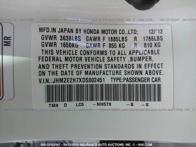 JHMZE2H7XDS002451 - 2013 HONDA INSIGHT EX WHITE photo 9