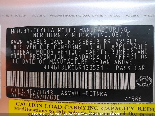 4T4BF3EK0BR133521 - 2011 TOYOTA CAMRY SE/LE/XLE SILVER photo 9