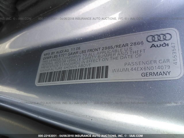 WAUML44EX6N014079 - 2006 AUDI A8 L QUATTRO BLUE photo 9