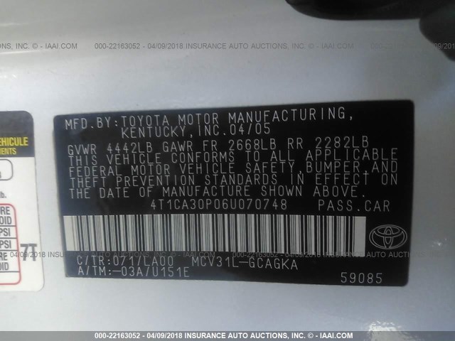 4T1CA30P06U070748 - 2006 TOYOTA CAMRY SOLARA SE/SLE თეთრი ფოტო 9