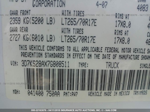 3D7KS28AX7G808511 - 2007 DODGE RAM 2500 ST/SLT 白色 照片 9