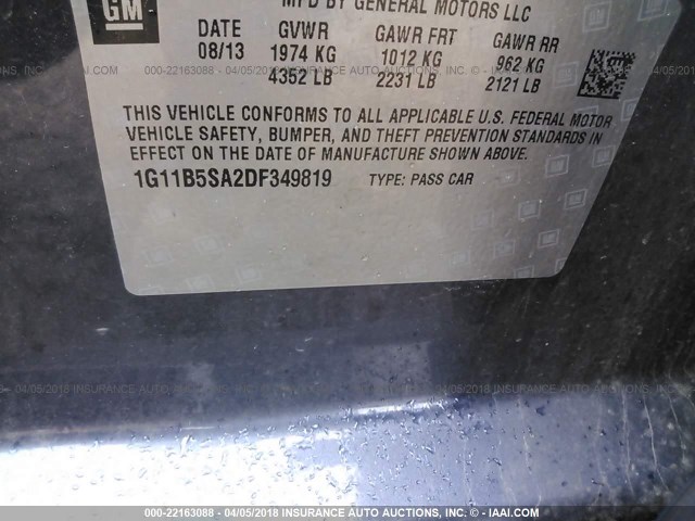 1G11B5SA2DF349819 - 2013 CHEVROLET MALIBU LS 蓝色 照片 9