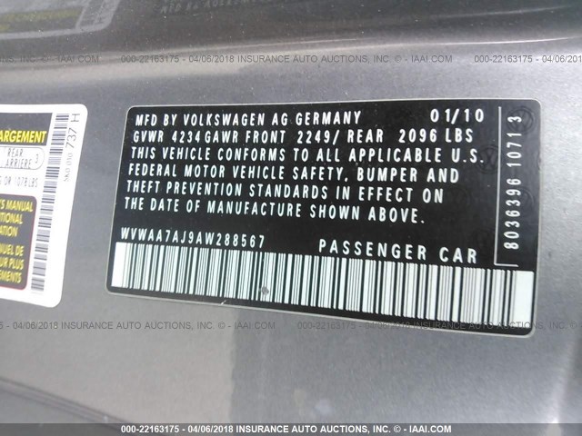 WVWAA7AJ9AW288567 - 2010 VOLKSWAGEN GOLF 灰色 照片 9