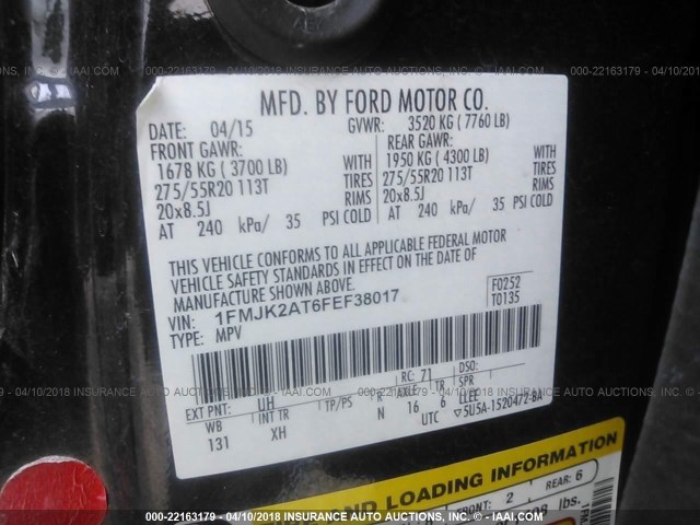 1FMJK2AT6FEF38017 - 2015 FORD EXPEDITION EL LIMITED BLACK photo 9