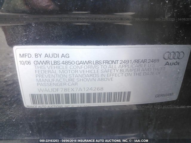 WAUDF78EX7A124268 - 2007 AUDI A4 2.0T QUATTRO Dark Blue photo 9