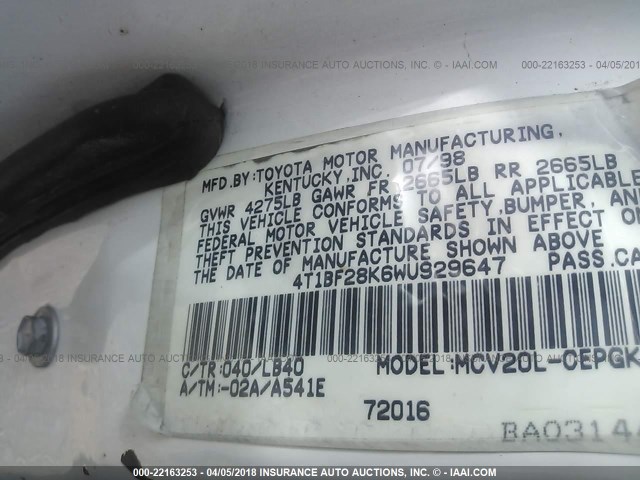 4T1BF28K6WU929647 - 1998 TOYOTA CAMRY CE/LE/XLE WHITE photo 9