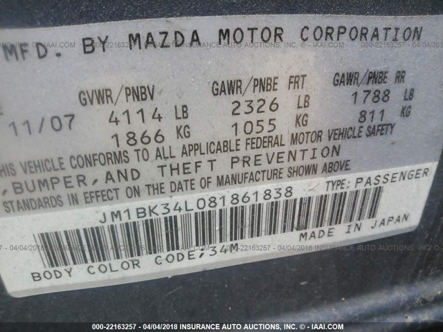 JM1BK34L081861838 - 2008 MAZDA SPEED 3 BLUE photo 9