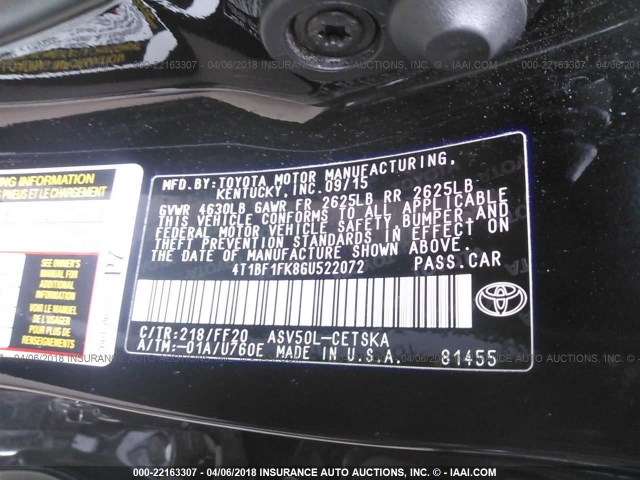 4T1BF1FK8GU522072 - 2016 TOYOTA CAMRY LE/XLE/SE/XSE შავი ფოტო 9