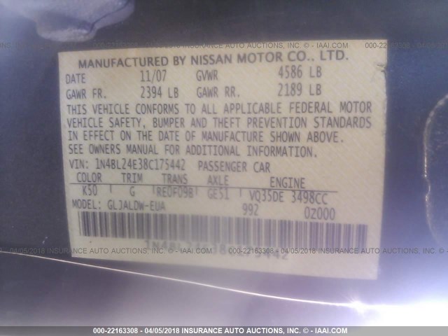 1N4BL24E38C175442 - 2008 NISSAN ALTIMA 3.5SE GRAY photo 9