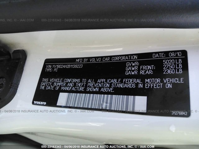 YV1902AH2B1139223 - 2011 VOLVO S80 T6 WHITE photo 9