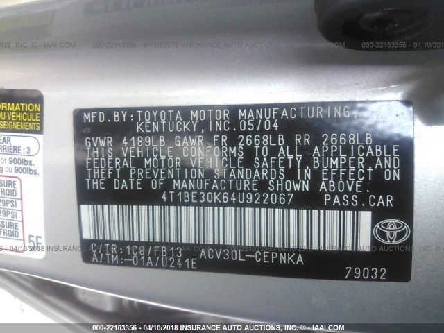 4T1BE30K64U922067 - 2004 TOYOTA CAMRY LE/XLE/SE SILVER photo 9