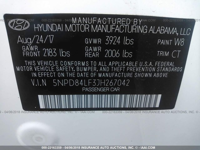 5NPD84LF3JH267042 - 2018 HYUNDAI ELANTRA SEL/VALUE/LIMITED WHITE photo 9