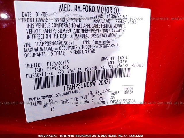 1FAHP35N08W190871 - 2008 FORD FOCUS SE/SEL/SES RED photo 9