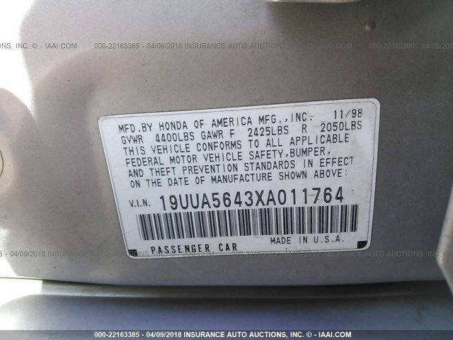 19UUA5643XA011764 - 1999 ACURA 3.2TL BEIGE photo 9