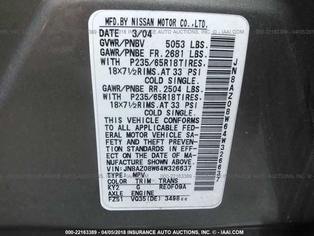 JN8AZ08W64W326637 - 2004 NISSAN MURANO SL/SE GRAY photo 9