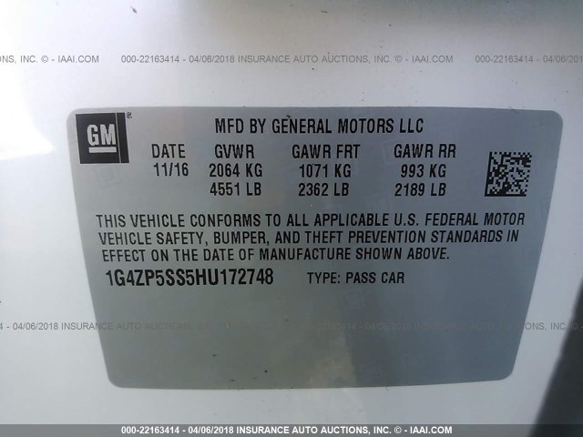 1G4ZP5SS5HU172748 - 2017 BUICK LACROSSE ESSENCE თეთრი ფოტო 9