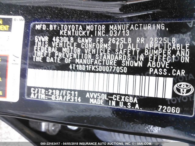 4T1BD1FK5DU077050 - 2013 TOYOTA CAMRY HYBRID/LE/XLE 黑色 照片 9