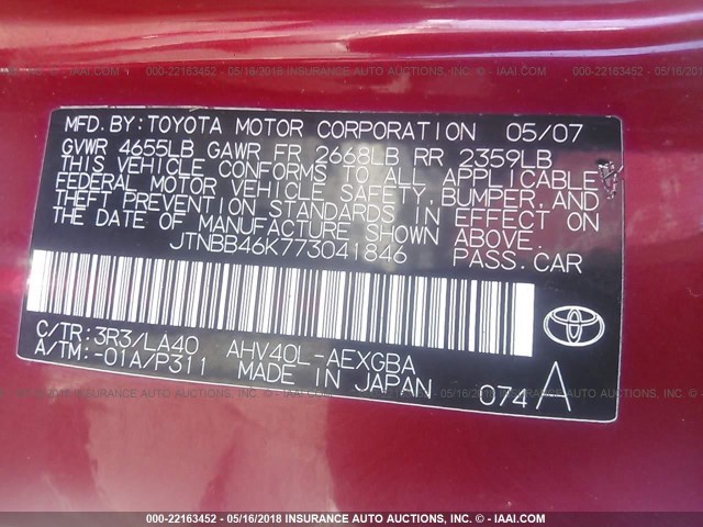 JTNBB46K773041846 - 2007 TOYOTA CAMRY NEW GENERAT HYBRID RED photo 9