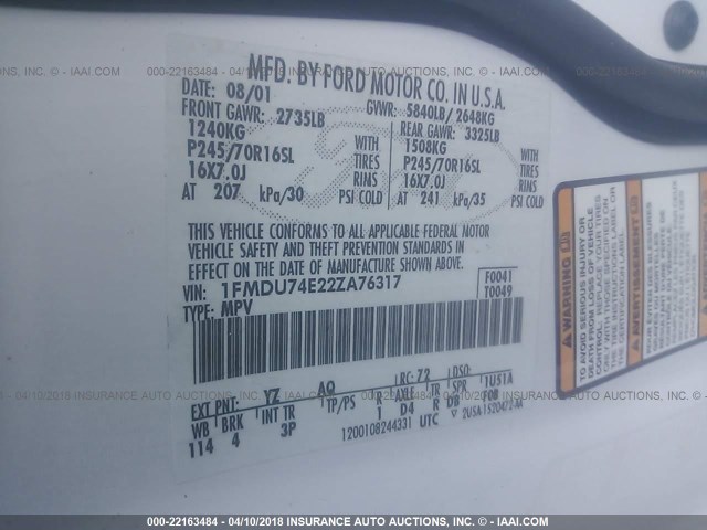 1FMDU74E22ZA76317 - 2002 FORD EXPLORER EDDIE BAUER WHITE photo 9