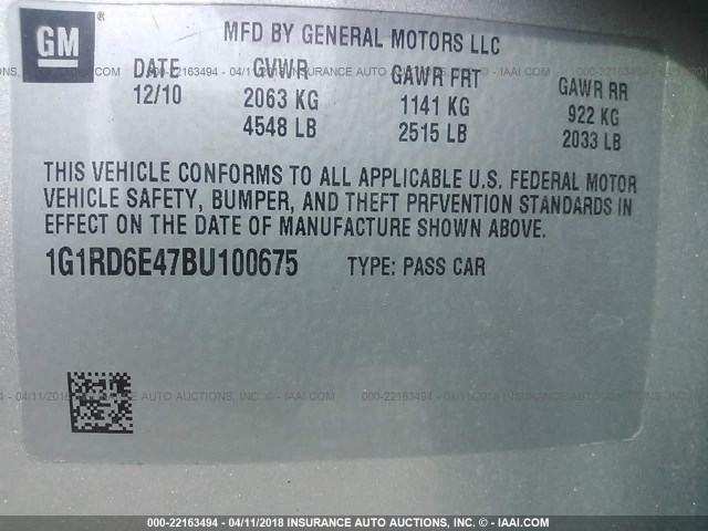 1G1RD6E47BU100675 - 2011 CHEVROLET VOLT SILVER photo 9